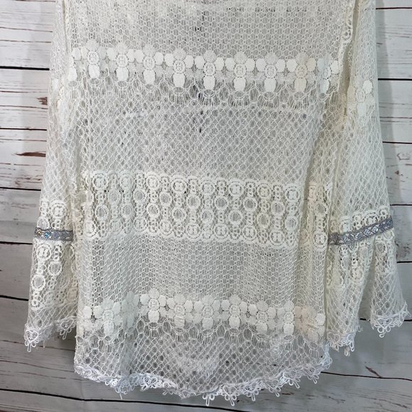 Arrianna by Howard's Ivory Sheer Lace Long Sleeve Top Women's Size Small Medium - Picture 9 of 11